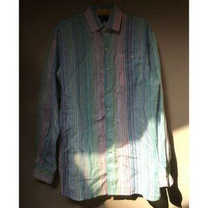 Johnny Uptown Mens Medium Linen Blue Pink Striped Button Up Long Sleeve Shirt